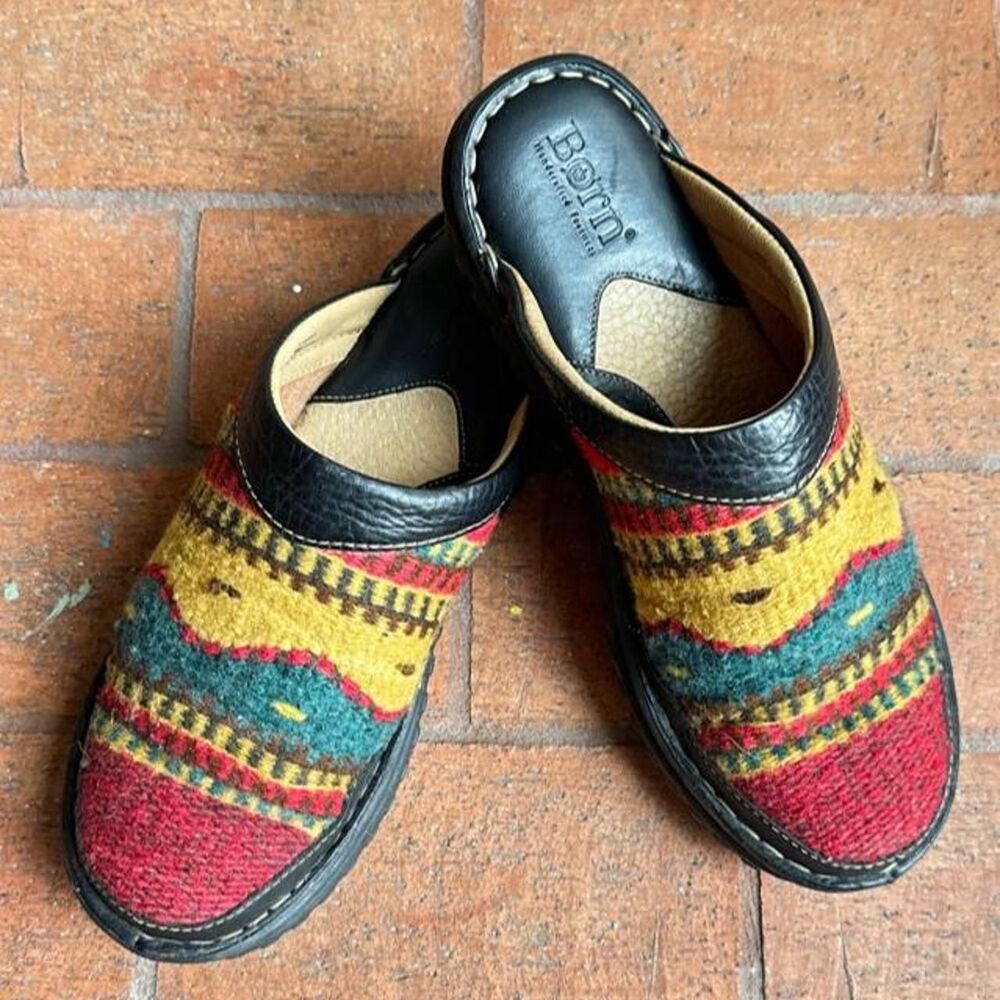 Born Southwestern Wool Blanket Clogs Leather Mules Women's Size 9 Boho Vintage
